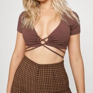 Garage Brown Tie Front Crop Top with Short Sleeves